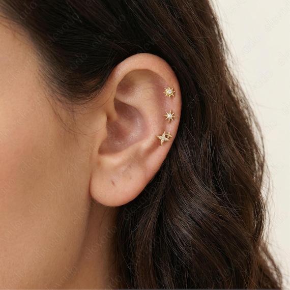 Set of 3 • 16G/18G Celestial Flat Back Earring Set • 925 Sterling Silver • Cartilage Earrings • Celestial Helix Earrings • Tragus Earrings