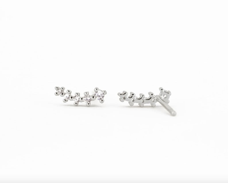Pu&ograve; includere: Un paio di orecchini d'argento con un design curvo decorato con piccole pietre di zircone cubico trasparenti.