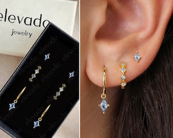 Blue Zircon Everyday Earring Gift Set • Zircon hoop earrings • Zircon studs • gift for her • minimalist jewelry • gift set