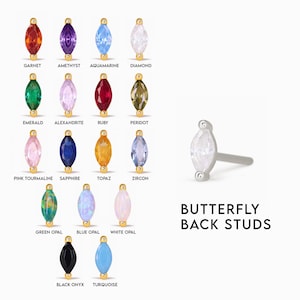 May include: Assortment of 15 marquise-shaped gemstone butterfly back studs for earrings. Gemstones include garnet, amethyst, aquamarine, diamond, emerald, alexandrite, ruby, peridot, pink tourmaline, sapphire, topaz, zircon, green opal, blue opal, white opal, black onyx, and turquoise.