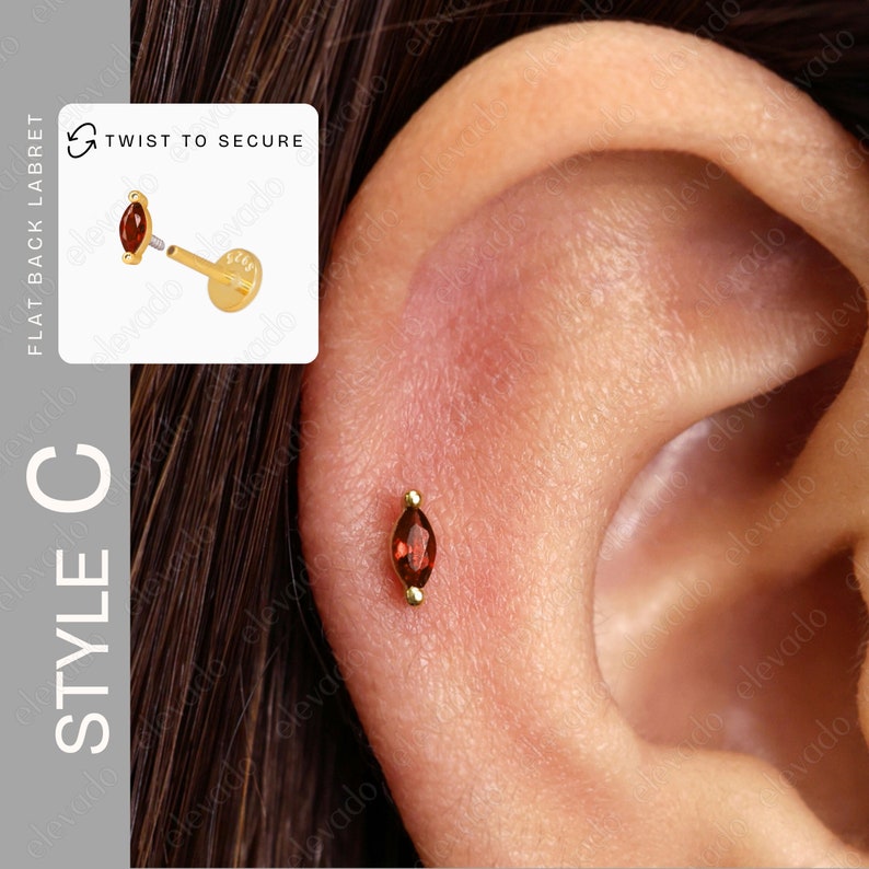Garnet Flat Back Labret Earrings Set: Gold Plated Sterling Silver 画像 6