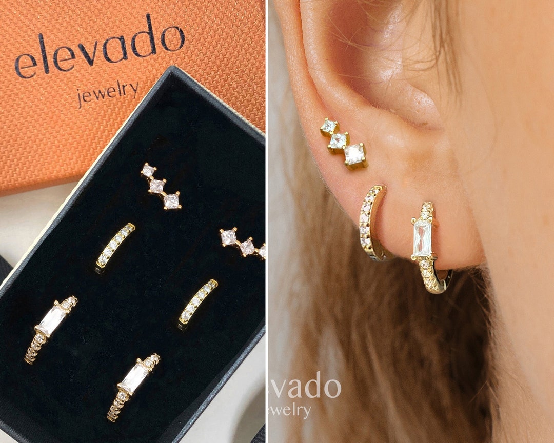 Gold Gemstone Earring Gift Set • Front Back Earring • Huggie Hoop ...