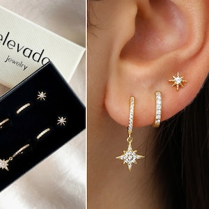 Paved Starburst Hoop Earrings Gift Set • Huggie Hoop Earrings • earring set • gift ready • gift for her • gift for mom • gift set