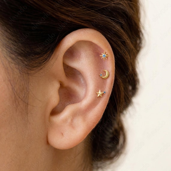 Aquamarine Celestial Earring Set: Gold Star, Moon, Tragus Earrings