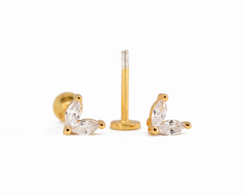 20G/18G Double Marquise Cartilage Gold Flat Back Labret Earrings conch earring tiny cartilage stud helix stud tragus studs image 2