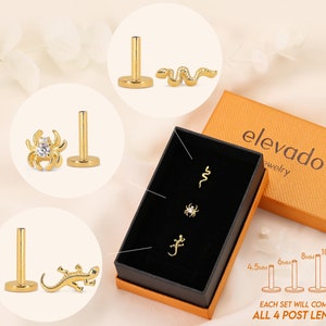 Set of 3 • Serpent Climber Flat Back Labret • minimalist earrings • spider stud • snake earrings • gecko earrings • elevado jewelry