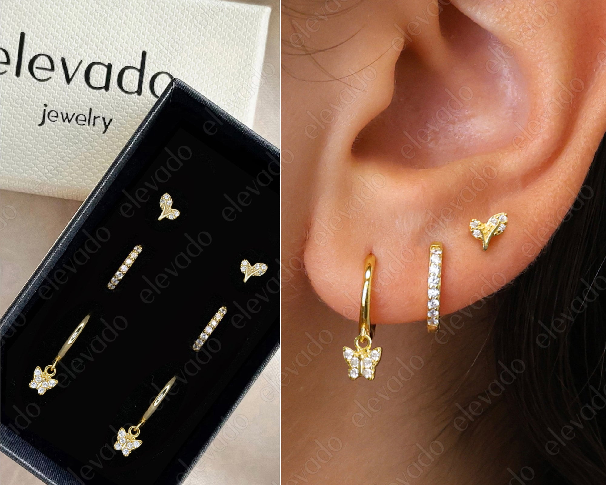 Glitter Rhinestone Butterfly Hoop Earrings – Stainless Steel Climber Ear Wrap, Dainty Crystal Bridal Jewelry Gift