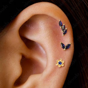 Set of 3 • 16G/18G Sapphire Charm Flat Back Earring Set • Star Cartilage Earrings • Moon Helix Earring • Tragus Earrings • Conch Earring
