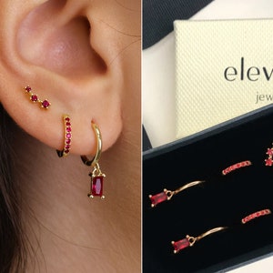 Ruby Birthstone Earring Gift Stack Set • birthstone personalized gift for her • bridesmaid gift • gift for mom • gold baguette stone hoops