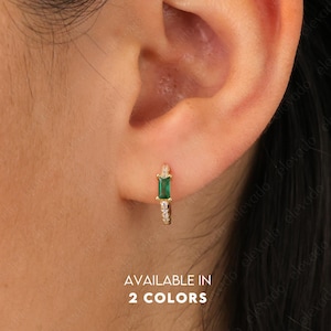 Emerald Paved Hoop Earrings • dainty hoops • gold hoop earrings • delicate emerald earrings • minimalist hoops • emerald baguette stone