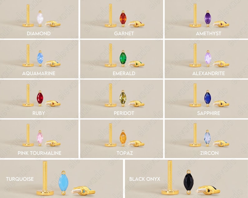 May include: A collection of gold-tone flat-back stud earrings featuring marquise-cut gemstones in various colors including diamond, garnet, amethyst, aquamarine, emerald, alexandrite, ruby, peridot, sapphire, pink tourmaline, topaz, zircon, turquoise, and black onyx.