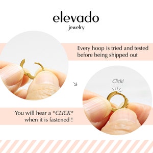 May include: Close-up of a gold hoop earring being clasped shut. The text "Click!" is visible above the earring. The caption reads "You will hear a *CLICK* when it is fastened!"