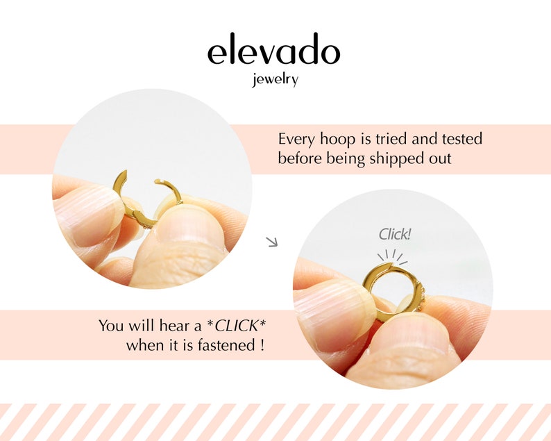 May include: Close-up of a gold hoop earring being clasped shut. The text "Click!" is visible above the earring. The caption reads "You will hear a *CLICK* when it is fastened!"