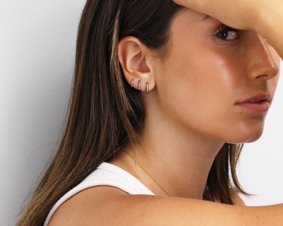 Black Huggie Hoop Earrings • Black Cartilage Hoop • Silver