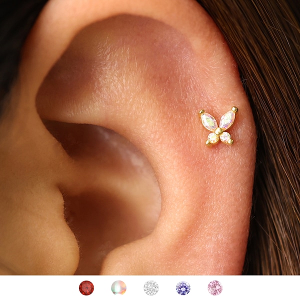 Gold Butterfly Cartilage Stud Earring • 18G/16G Tragus Helix Piercing