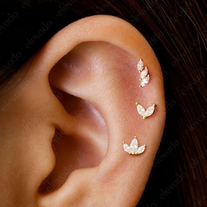 Set of 3 • 16G/18G Marquise Flat Back Labret Earring Set • Flower Cartilage Earrings • Helix Earrings • Tragus Earring • Conch Earring