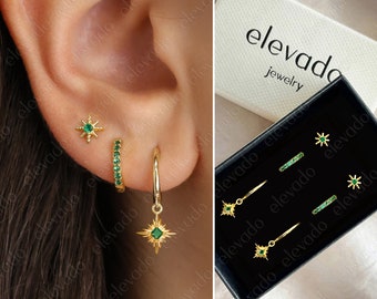 Emerald Starburst Hoop Earrings Gift Set • Emerald Huggie Hoop Earrings • emerald earring set • gift for her • gift for mom • gift set