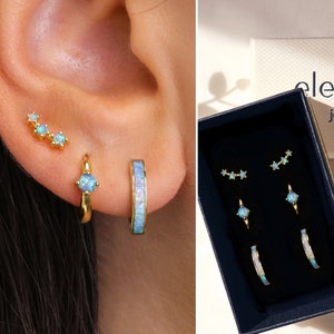 Blue Opal Everyday Ear Stack Set • gift for her • gold opal hoop earrings • minimalist earrings • elevado jewelry