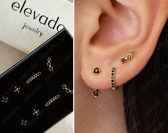 Ensemble-cadeau de boucles d'oreilles de tous les jours en pierre noire • bijoux bijoux noirs • prêt à offrir • cadeau pour elle • bijoux minimalistes • cadeau de Noël • coffret cadeau