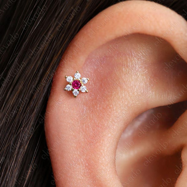 Ruby Diamond Flower Cartilage Stud: 18K Gold Plated Sterling Silver Helix Earring