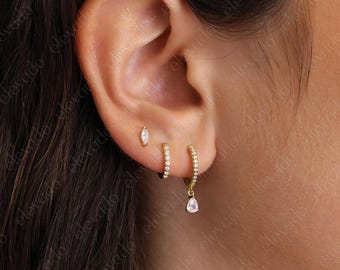 Diamond Teardrop Hoop Earring Set • gift for her • diamond hoops • minimalist dainty earrings • valentines day gift • personalized jewelry