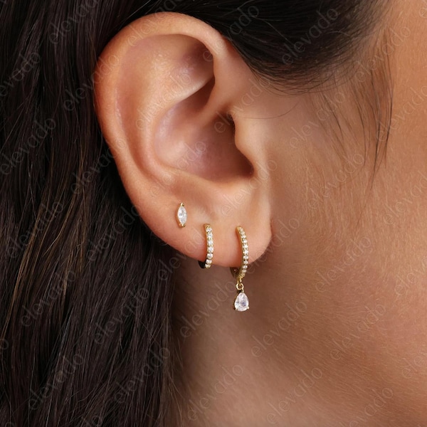 Conjunto de brincos de argola em forma de lágrima de diamante • presente para ela • argolas de diamante • brincos delicados e minimalistas • presente de dia dos namorados • joias personalizadas