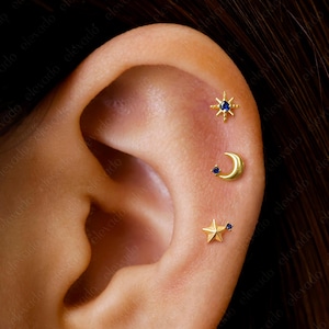 Set of 3 • 16G/18G Sapphire Celestial Flat Back Earring Set • Star Cartilage Earrings • Helix Earrings • Tragus Earrings • Conch Earring