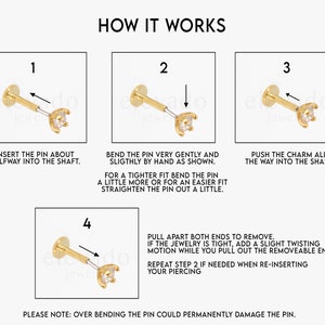 May include: Diagram showing how to insert a gold nose piercing with a small clear gem. The steps are numbered 1 through 4 and include inserting the pin, bending the pin, pushing the charm into the shaft, and pulling apart both ends to remove.