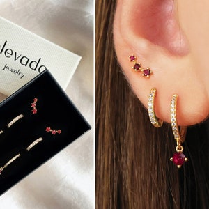 Ruby Dangle Earring Gift Set • Birthstone Earring • Huggie Hoop Earring • earring gift for her • gift for mom • holiday gift set