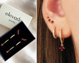 Ruby Dangle Earring Gift Set • Birthstone Earring • Huggie Hoop Earring • earring gift for her • gift for mom • holiday gift set