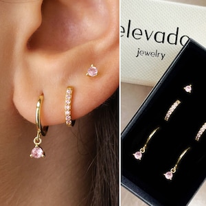 Pink Tourmaline Huggie Hoop Gift Set • Dainty Hoop Earrings • earring set • gift ready • gift for her • gift for mom • gift set