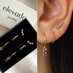 Amethyst Earring Gift Stack Set •  birthstone personalized gift for her • bridesmaid gift • gift for mom • gold hoops • baguette stone hoops