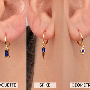 Sapphire Charm Hoop Dangle Earrings • charm hoops • gold hoop earrings • delicate sapphire earrings • minimalist hoops • tiny charm
