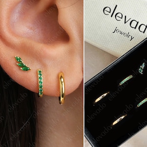 Everyday Emerald Hoop Earring Stack Set • cadeau voor haar • cadeau bruidsmeisje • kerstcadeau • gouden oorringen • minimalistische oorbel