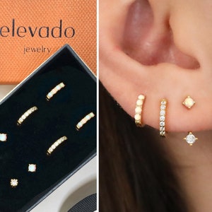 Set regalo di orecchini Opal x CZ • Orecchini anteriori e posteriori • Huggie Hoops • gioielli Elevado • regalo pronto • regalo per lei • regalo per la mamma • set regalo
