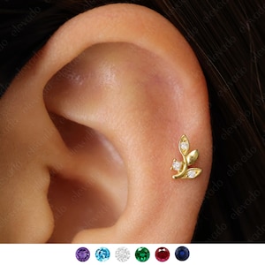 Labret à dos plat avec pierre de naissance, 18 g/16 g, filetage intérieur en forme de feuille • Argent sterling 925 • clou tragus • boucles d'oreilles conques • clou en hélice de cartilage