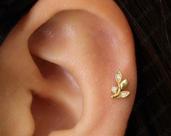 Sterling Silver Birthstone Leaf Labret: 18G/16G Tragus Conch Earring