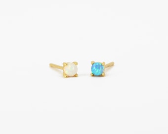 Tiny Blue Opal Stud Earrings • dainty earrings • opal gold studs • small opal stud earrings • minimalist earrings • elevado jewelry