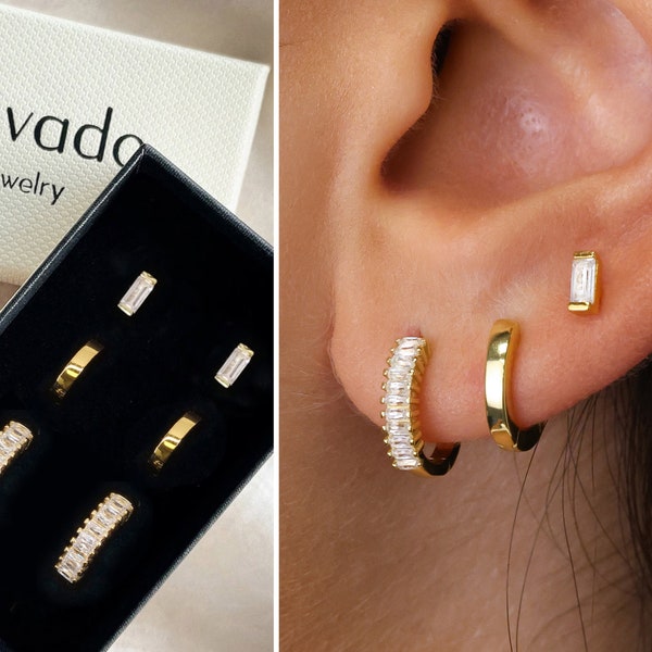 Baguette Paved Gemstone Earring Gift Set • Hoop Earrings • Huggie Hoop Earrings • earring set • gift ready • gift for her • gift for mom