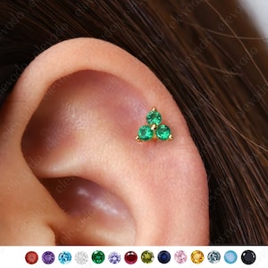 18/16G Smaragd Kleine Blume flache Rückseite Labret Ohrstecker • 925 Sterling Silber • Tragus Bolzen • Flacher Rücken Ohrring • Helix • Muschel Ohrring • Knorpel