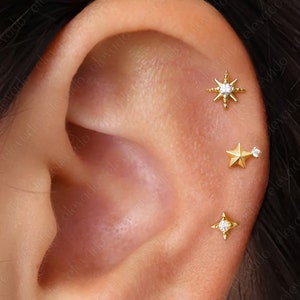 Set of 3 • 16G/18G Star Flat Back Earring Set • 925 Sterling Silver • Star Cartilage Earrings • Star Helix Earrings • Tragus Earring • Conch