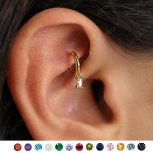 Tiny Baguette Dangle Rook Hoop Earring • gemstone helix hoop • rook earring • helix diamond hoop • cartilage earring • cartilage hoops