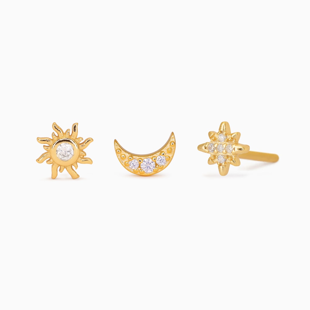 18K Gold Plated Set of 5 Gemstone Celestial Single Stud Earrings