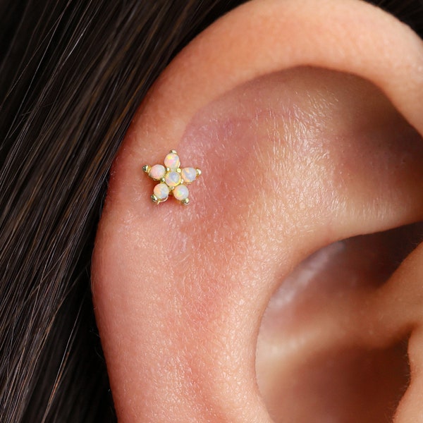 18G/16G Opal Flower Cartilage Gold Stud Earrings • tragus stud  • flower conch earrings • cartilage helix stud • flat back labret stud