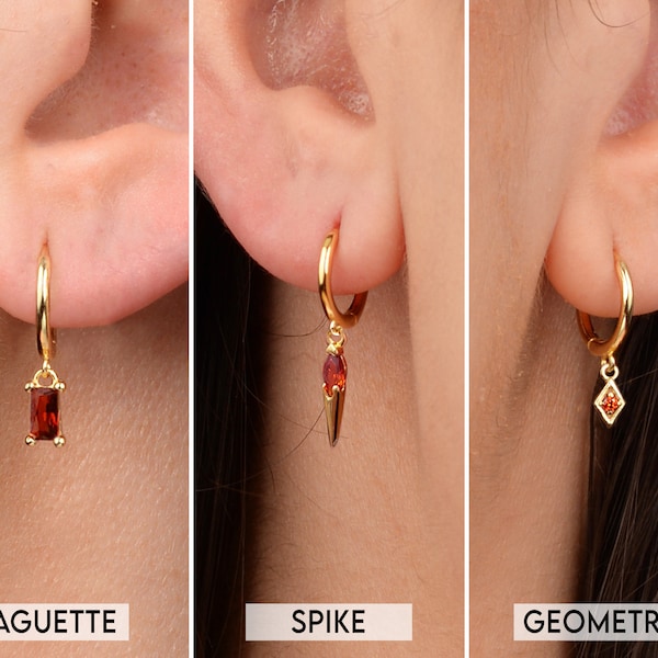 Garnet Charm Hoop Dangle Earrings • charm hoops • gold hoop earrings • delicate birthstone earrings • minimalist hoops • tiny charm