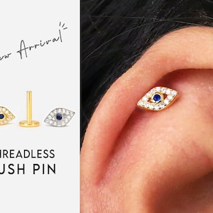 Pendientes de cartílago con pasador sin rosca y diseño de ojo malvado pavimentado de 20 g/18 g • pendiente de caracola dorado • pequeño perno para cartílago • hélice • pernos para trago • parte posterior plana