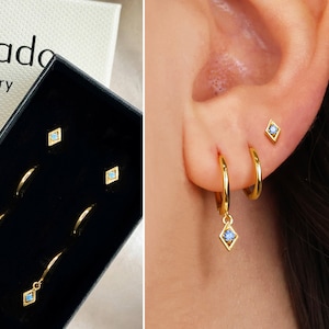 Aquamarine Dangle Earring Stack • birthstone earrings • gift for her • bridesmaid gift • mothers day gift • gold hoops • minimalist earrings