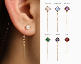 Pendientes enhebradores de piedras preciosas brillantes • pendientes enhebradores de cadena de oro • pendientes enhebradores de plata • joyería minimalista • joyería elevada