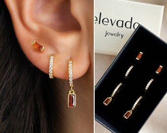 Garnet Paved Baguette Dangle Earring Gift Set • Dainty Earrings • Everyday Earrings • Birthstone Earrings • Gold earrings