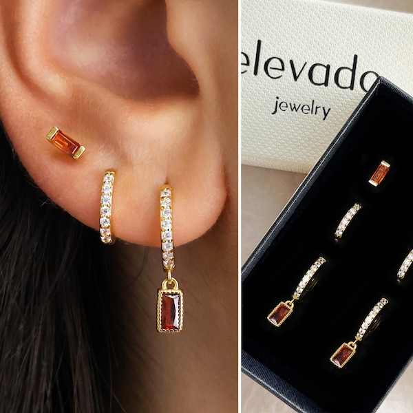 Garnet Paved Baguette Dangle Earring Gift Set • Dainty Earrings • Everyday Earrings • Birthstone Earrings • Gold earrings